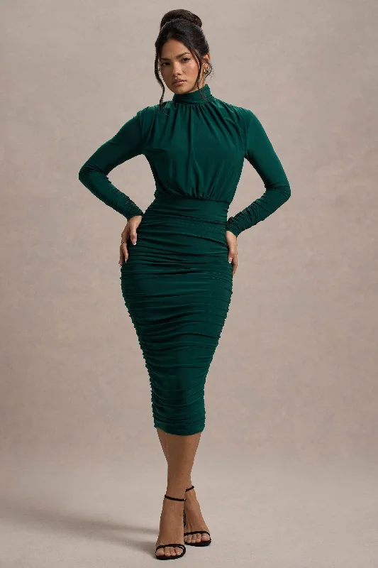 Midi dresses with mesh inserts for a trendy and breathable option Dasha | Bottle Green Ruched High-Neck Long-Sleeve Midi Dress