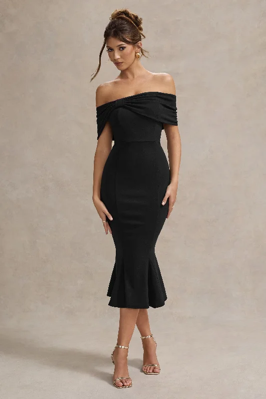 Midi dresses with V - necklines for a flattering and elongating effect Lydia | Black Bardot Bow Detail Midi Dress