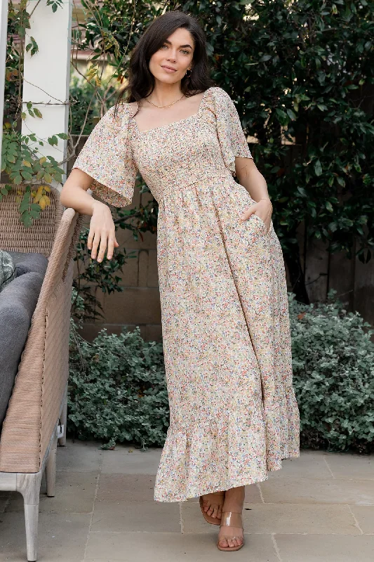 Midi dresses with puff sleeves for a vintage - inspired look Ellory Smocked Midi Dress | Golden Multi Floral Midi dresses with puff sleeves for a vintage - inspired look Ellory Smocked Midi Dress | Golden Multi Floral