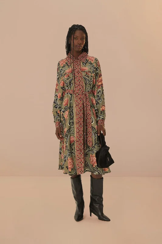 Midi dresses with gathered skirts for a full and flowing silhouette Arabesque Floral Green Midi Dress Midi dresses with gathered skirts for a full and flowing silhouette Arabesque Floral Green Midi Dress