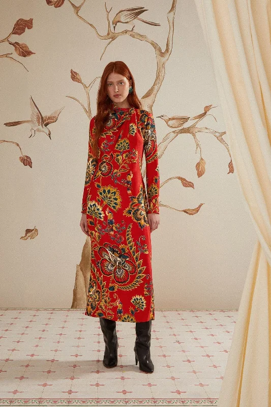 Midi dresses with cold - shoulder cutouts for a trendy style Red Maxi Floral Cutout LENZING™ ECOVERO™ Viscose Midi Dress Midi dresses with cold - shoulder cutouts for a trendy style Red Maxi Floral Cutout LENZING™ ECOVERO™ Viscose Midi Dress