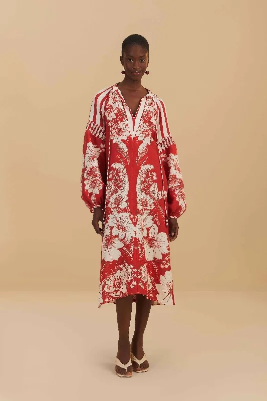 Midi dresses with abstract art prints for an artistic statement Red Floral Chains Stripes Midi Dress