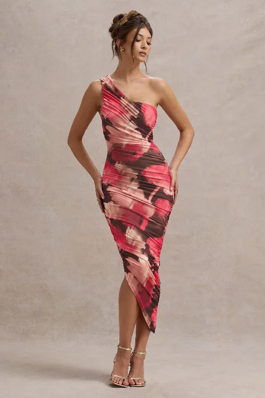 Midi dresses with ribbed textures for a unique and tactile appearance Dorit | Red Floral Print One Shoulder Asymmetric Ruched Midi Dress Midi dresses with ribbed textures for a unique and tactile appearance Dorit | Red Floral Print One Shoulder Asymmetric Ruched Midi Dress