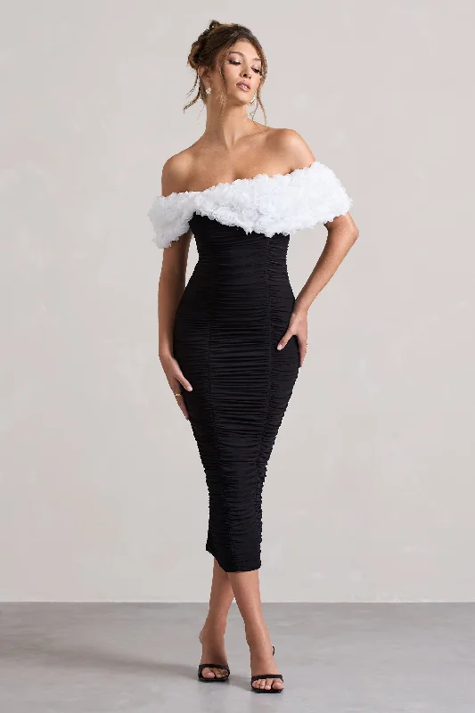 Midi dresses with pleated skirts for a timeless and elegant appeal Olea | Black & White Ruched Bardot Midi Dress With Flowers Midi dresses with pleated skirts for a timeless and elegant appeal Olea | Black & White Ruched Bardot Midi Dress With Flowers