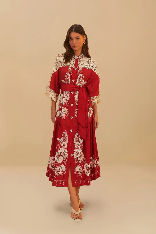Velvet midi dresses in jewel tones for a glamorous winter event Red Floral Chains Guipure Midi Dress