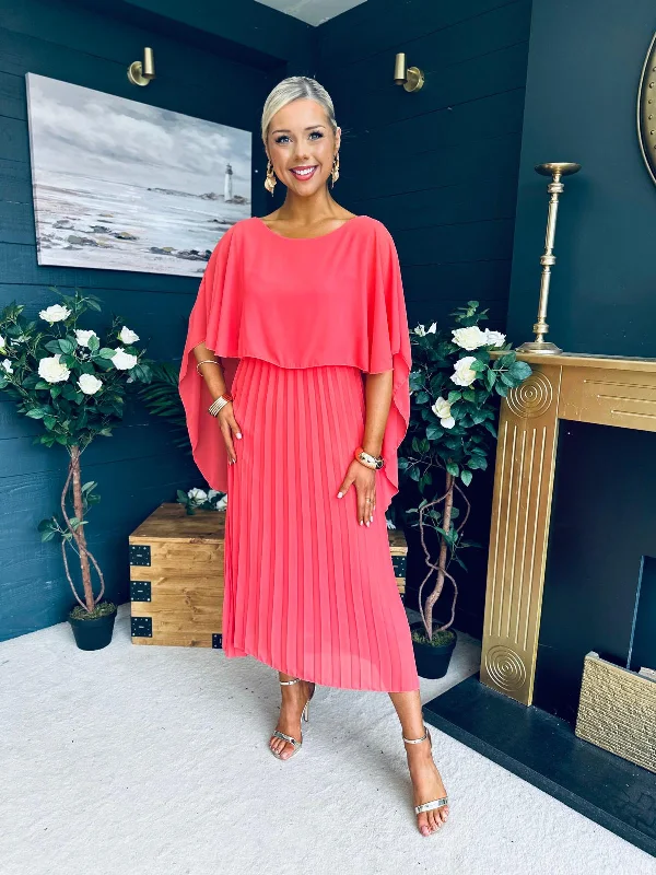 Midi dresses with metallic threads for a glamorous evening event Doireann Cape Detail Occasion Dress Coral Midi dresses with metallic threads for a glamorous evening event Doireann Cape Detail Occasion Dress Coral