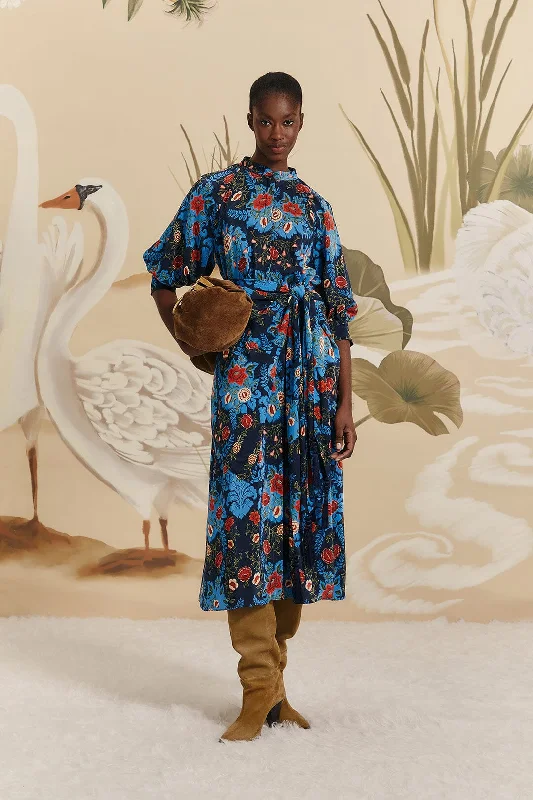 Midi dresses with gathered skirts for a full and flowing silhouette Blue Arabesque Floral Midi Dress Midi dresses with gathered skirts for a full and flowing silhouette Blue Arabesque Floral Midi Dress
