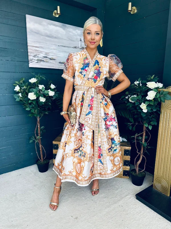 Sleeveless midi dresses with lace details for summer weddings Sarah Wrap Occasion Dress Floral Gold Sleeveless midi dresses with lace details for summer weddings Sarah Wrap Occasion Dress Floral Gold