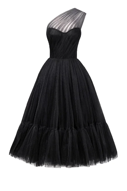 Wrap - style midi dresses in silk for a sophisticated office look Black One-Shoulder Cocktail Tulle Dress Wrap - style midi dresses in silk for a sophisticated office look Black One-Shoulder Cocktail Tulle Dress