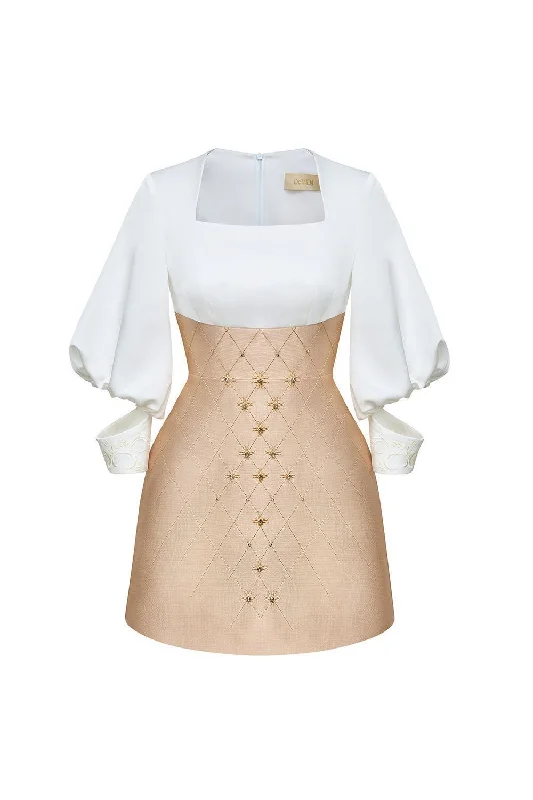 Mini dresses with pom - pom trims for a playful feel Charlotte A-line Square Neck Taffeta Mini Dress