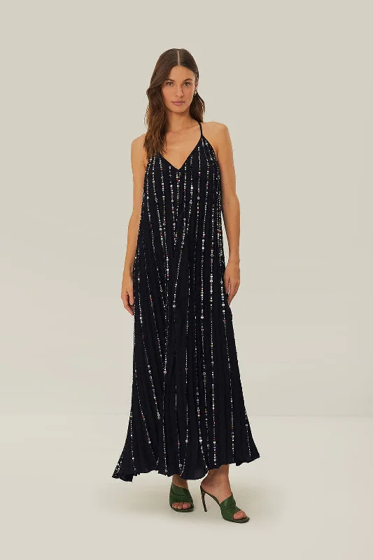 Midi dresses with halter necks for a stylish and comfortable option Black Embroidered Stones Pleated Midi Dress Midi dresses with halter necks for a stylish and comfortable option Black Embroidered Stones Pleated Midi Dress
