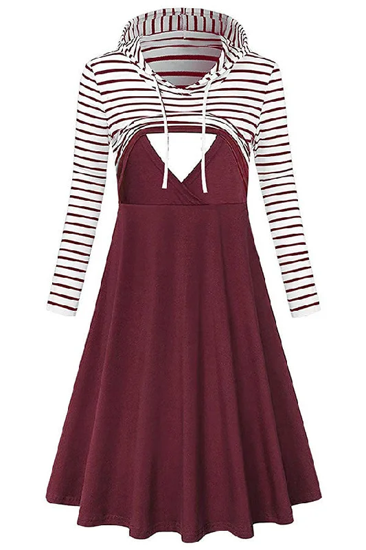 Mini dresses with pocket details for added functionality Striped Two-tone Long Sleeves Hooded Nursing Dress Mini dresses with pocket details for added functionality Striped Two-tone Long Sleeves Hooded Nursing Dress
