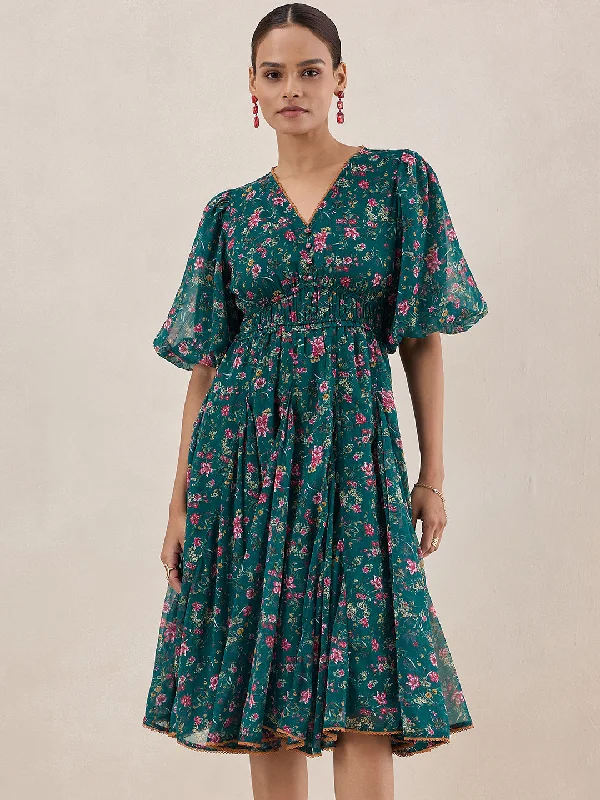 Maxi - inspired midi dresses with flowing fabrics for a beachy vibe Green Floral Printed Midi Dress Maxi - inspired midi dresses with flowing fabrics for a beachy vibe Green Floral Printed Midi Dress