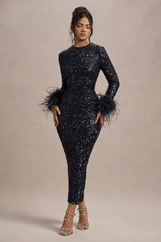 High - low midi dresses with geometric patterns for a modern party Analina | Navy Sequin Long-Sleeved Midi Dress With Feather Cuffs