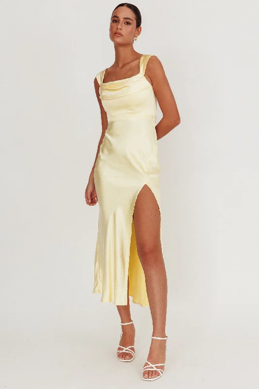 Midi dresses with side slits for a sexy and elegant appearance Lucinda Off-Shoulder V-Back Dress Butter Midi dresses with side slits for a sexy and elegant appearance Lucinda Off-Shoulder V-Back Dress Butter