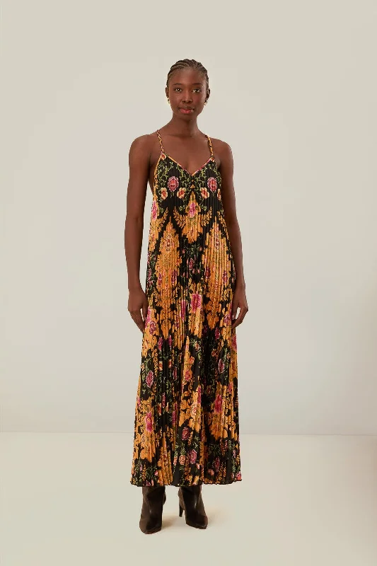 Midi dresses with one - shoulder designs for a modern and asymmetric style Black Arabesque Floral Pleated Midi Dress Midi dresses with one - shoulder designs for a modern and asymmetric style Black Arabesque Floral Pleated Midi Dress