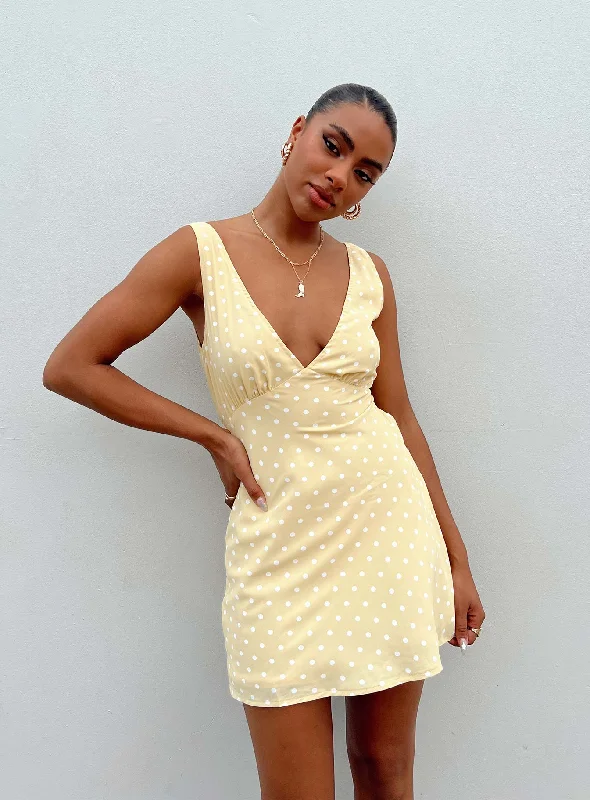 Strapless mini dresses for a beach vacation Nellie Mini Dress Yellow Polka Dot