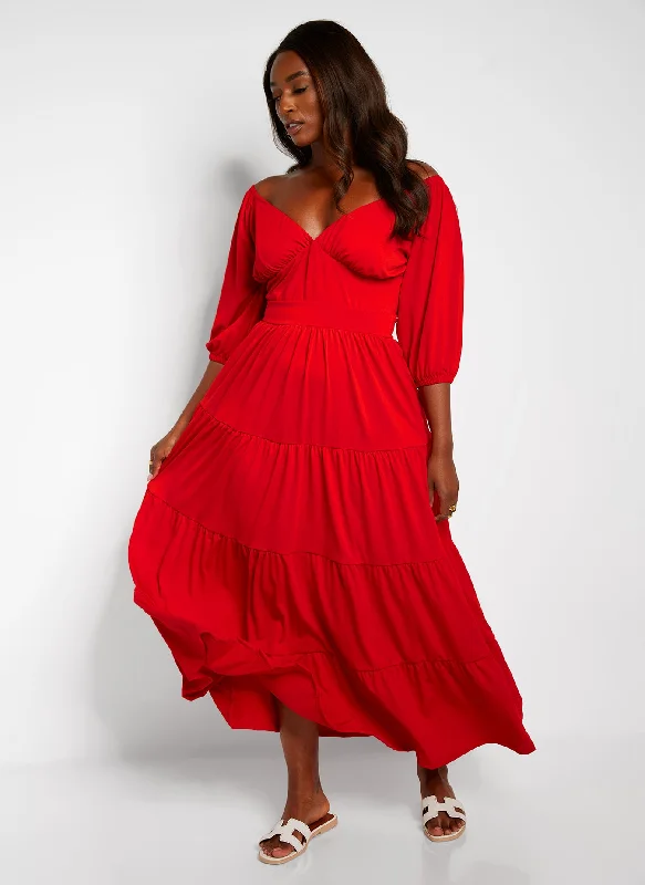 Mini dresses with fringe for a bohemian style Dream Of Me Tiered Maxi A Line Dress - Red