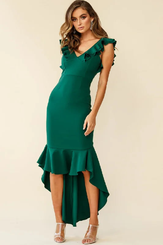 Midi dresses with pom - pom trims for a playful and festive look Pearl Ruffle Strap High-Low Hem Dress Forest Green Midi dresses with pom - pom trims for a playful and festive look Pearl Ruffle Strap High-Low Hem Dress Forest Green