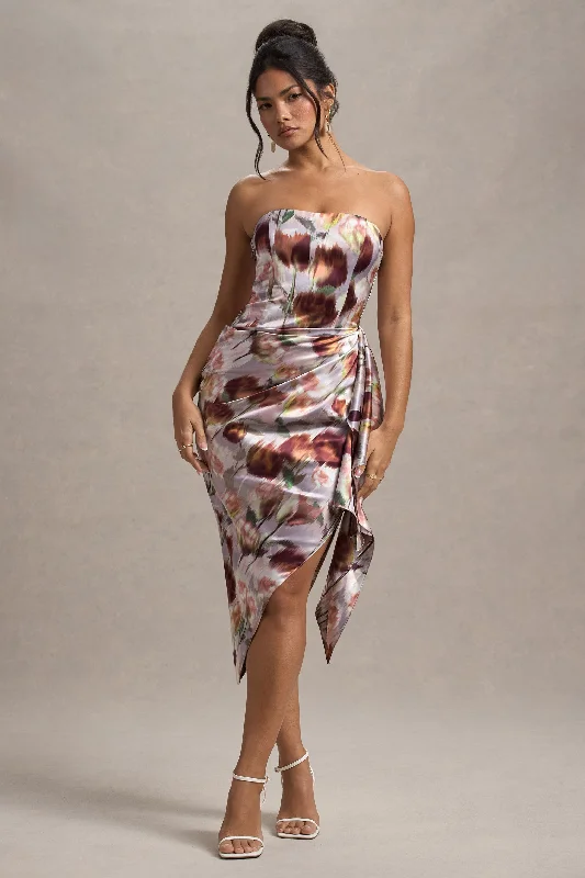 Maxi - inspired midi dresses with flowing fabrics for a beachy vibe Axel | Cream Floral Print Satin Strapless Wrap Midi Dress