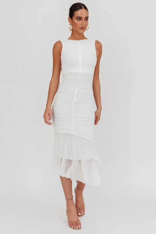 Midi dresses with off - the - shoulder necklines for a flirty look Nadia Sleeveless Ruched Midi Dress White Midi dresses with off - the - shoulder necklines for a flirty look Nadia Sleeveless Ruched Midi Dress White