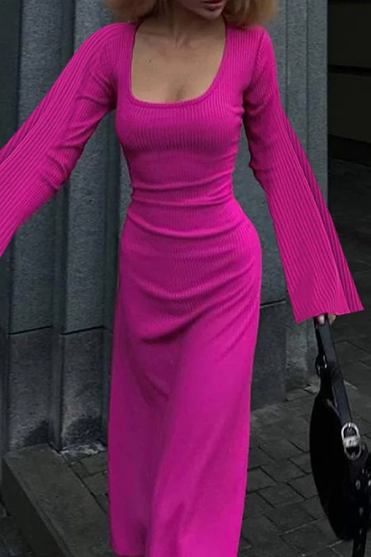 Midi dresses with denim fabric for a casual yet stylish day out Ribbed Flares Sleeve Tie-back Dress