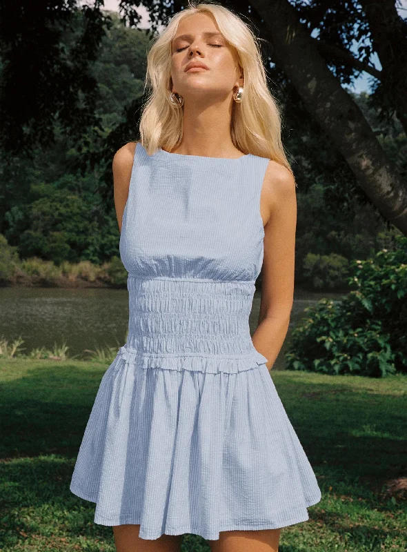 Mini dresses with empire waists for a flattering fit Yennifer Shirred Mini Dress Blue / White Petite Mini dresses with empire waists for a flattering fit Yennifer Shirred Mini Dress Blue / White Petite