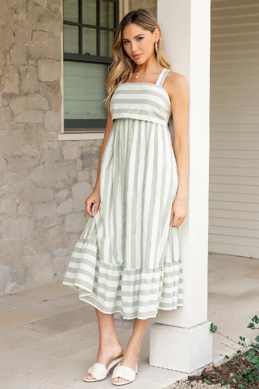 Midi dresses with ruched sleeves for a more fitted and stylish arm look Soren Tie Back Dress | Sage Stripe Midi dresses with ruched sleeves for a more fitted and stylish arm look Soren Tie Back Dress | Sage Stripe