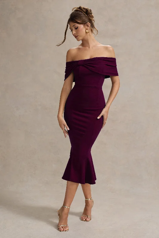 Velvet midi dresses in jewel tones for a glamorous winter event Lydia | Plum Bardot Bow Detail Midi Dress Velvet midi dresses in jewel tones for a glamorous winter event Lydia | Plum Bardot Bow Detail Midi Dress