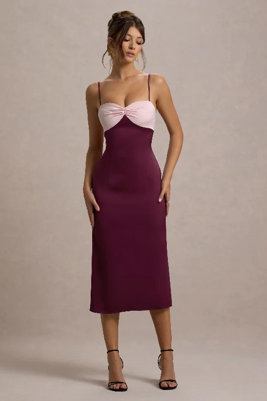 Midi dresses with ruffled hems for a romantic date night Andretti | Burgundy & Pink Satin Strappy Midi Dress Midi dresses with ruffled hems for a romantic date night Andretti | Burgundy & Pink Satin Strappy Midi Dress