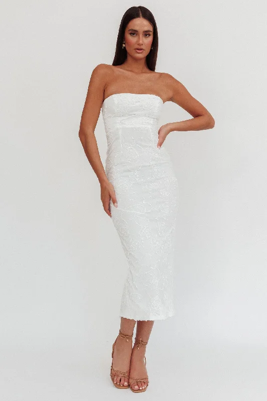 Plaid midi dresses for a fall - themed family gathering Bia Strapless Embroidered Midi Dress White Plaid midi dresses for a fall - themed family gathering Bia Strapless Embroidered Midi Dress White