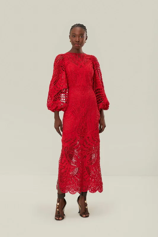 Midi dresses with cold - shoulder cutouts for a trendy style Red Nature Guipure Midi Dress Midi dresses with cold - shoulder cutouts for a trendy style Red Nature Guipure Midi Dress