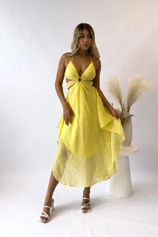 Midi dresses with embroidered accents for a unique and detailed design Ishara Midi Dress - Yellow Midi dresses with embroidered accents for a unique and detailed design Ishara Midi Dress - Yellow
