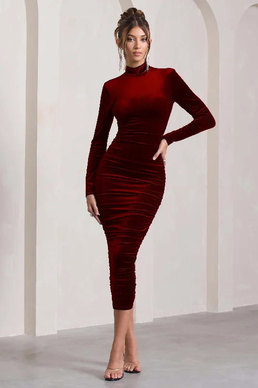 Midi dresses with tassel accents for a bohemian and free - spirited style Joanna | Berry Velvet High-Neck Backless Midi Dress