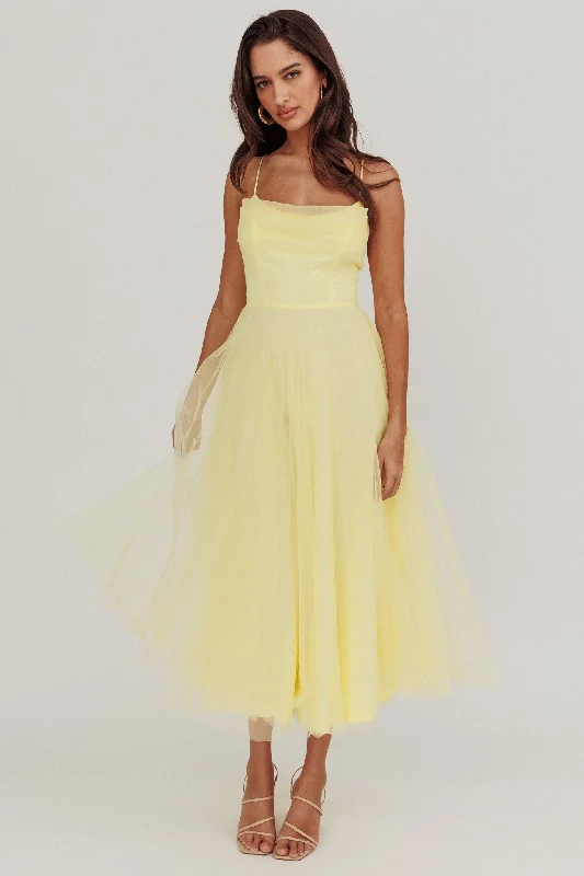 Midi dresses with button - down skirts for a unique and functional design Floating By Pleated Neckline Mesh Midi Dress Yellow