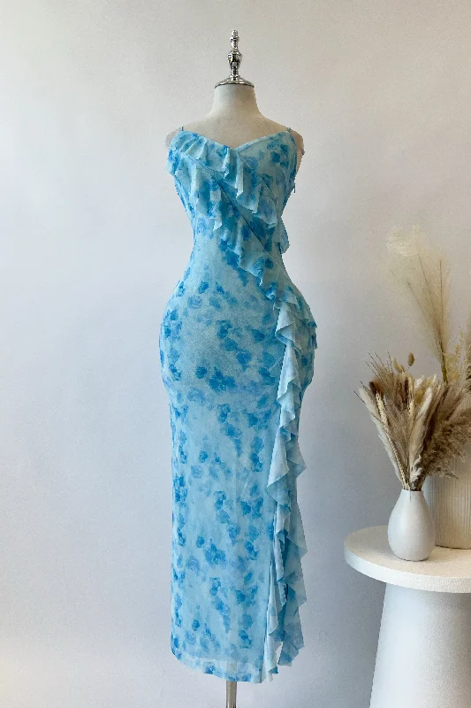 Midi dresses with cold - shoulder cutouts for a trendy style Abigail Midi Dress - Blue Florals Midi dresses with cold - shoulder cutouts for a trendy style Abigail Midi Dress - Blue Florals