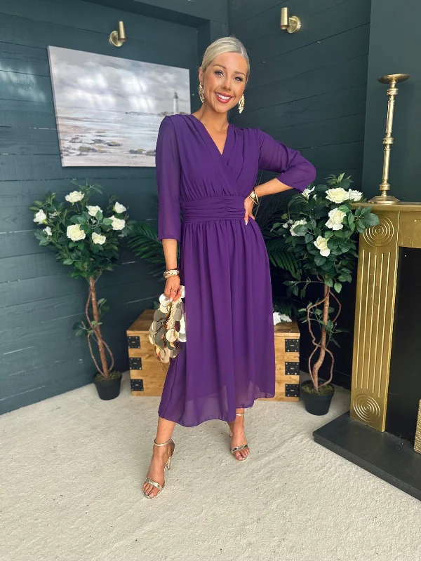 Midi dresses with ruched sleeves for a more fitted and stylish arm look Saoirse Band Detail Occasion Dress Violet Midi dresses with ruched sleeves for a more fitted and stylish arm look Saoirse Band Detail Occasion Dress Violet