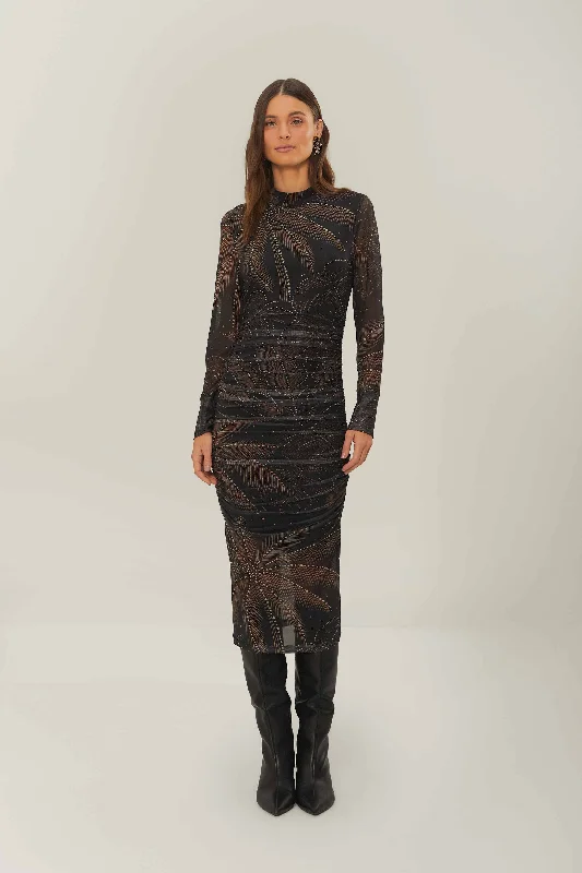 Sleeveless midi dresses with lace details for summer weddings Black Golden Foliage Tulle Midi Dress Sleeveless midi dresses with lace details for summer weddings Black Golden Foliage Tulle Midi Dress