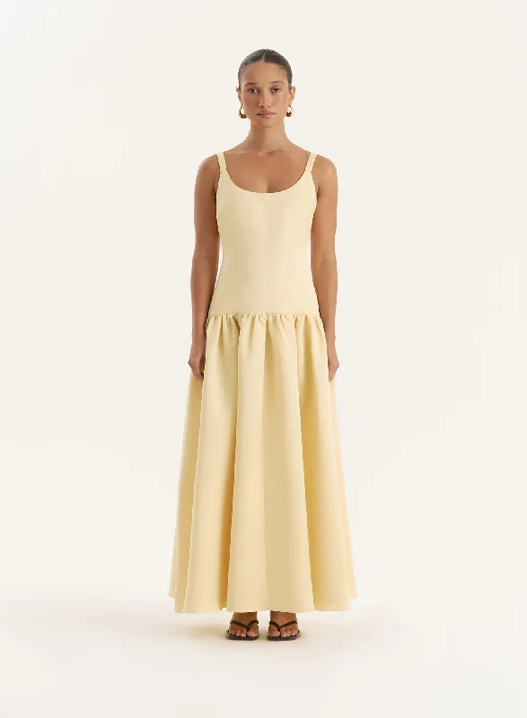 Mini dresses with spaghetti straps for a delicate look Yellow Drop Waist Maxi Dress- Melinie