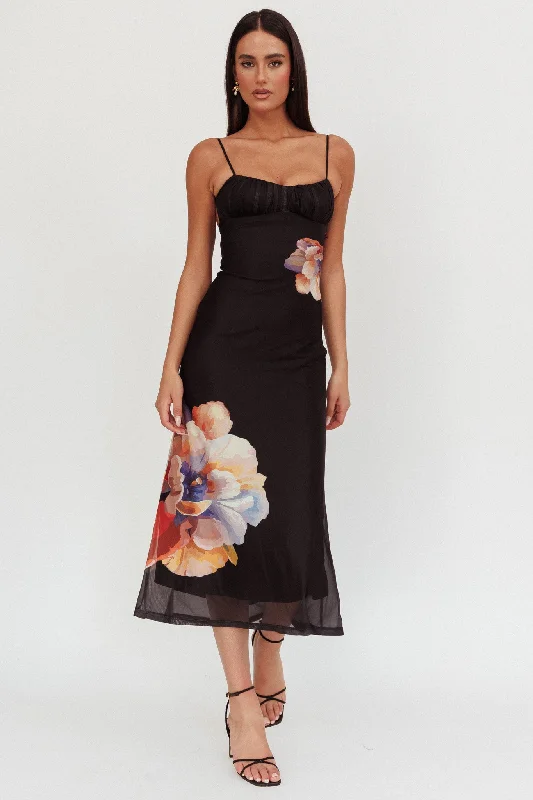 Midi dresses with pom - pom trims for a playful and festive look Nerida Gathered Bust Maxi Dress Flowers Black
