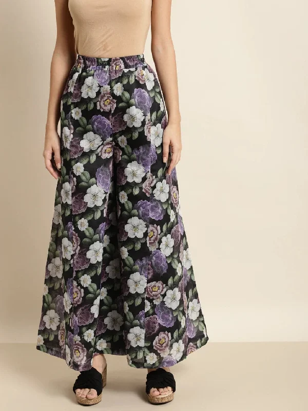 Capri Length Women's Printed Yoga Pants for Workout SessionsBlack & Lilac Floral Kali Palazzo Pants