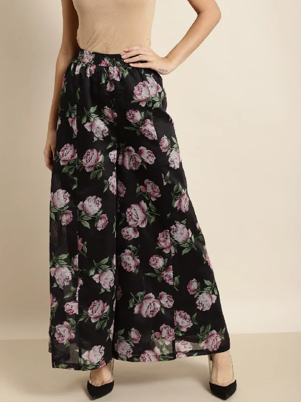Ankle - Length Women's Printed Joggers for TravelingBlack & Pink Floral Kali Palazzo Pants
