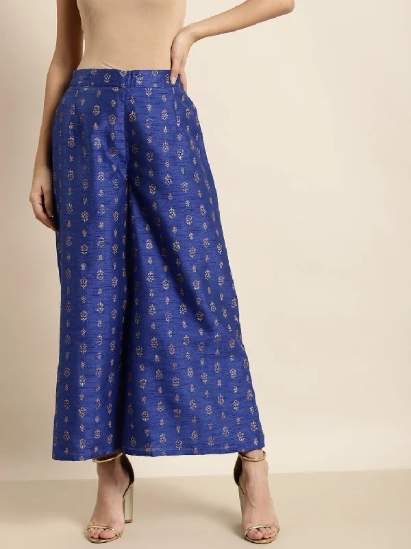 Plus Size Women's Patchwork - Design Jeans for a Unique AppearanceBlue Foil Floral Ankle Length Palazzo Pants