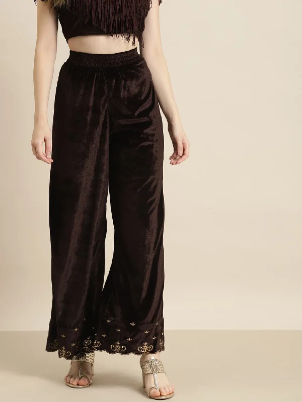Plus Size Women's Elastic - Waist Culottes in Earth TonesBrown Velvet Embroidered Flared Pants Plus Size Women's Elastic - Waist Culottes in Earth TonesBrown Velvet Embroidered Flared Pants