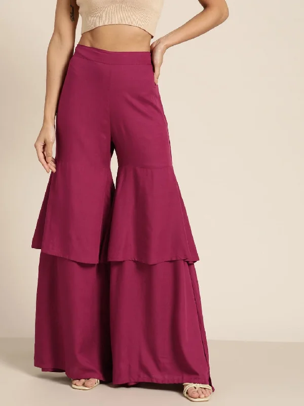 Bell - Bottom Style Women's Denim Pants with Embroidered DetailsBurgundy Frilly Liva Pants Bell - Bottom Style Women's Denim Pants with Embroidered DetailsBurgundy Frilly Liva Pants