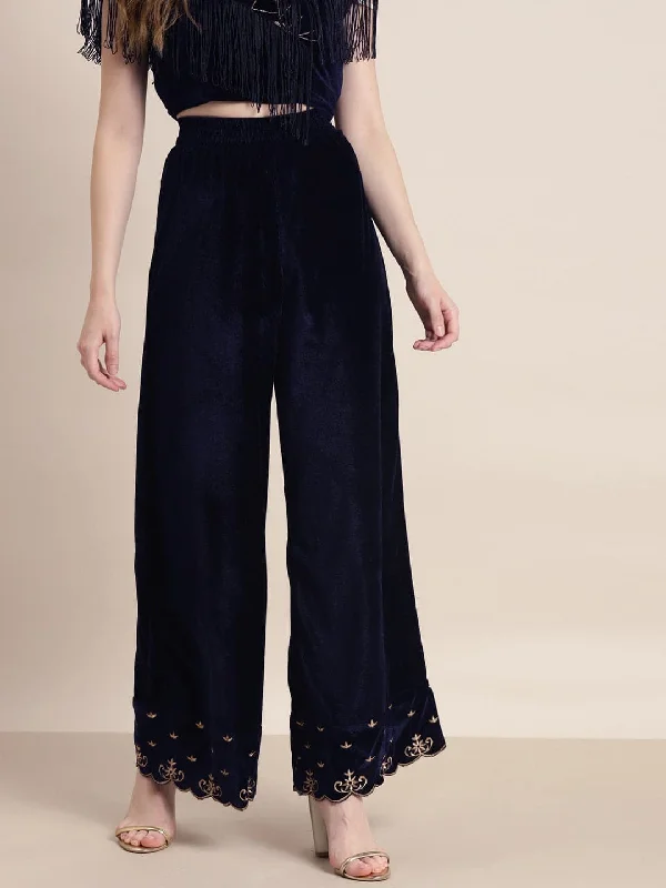 Wide - Leg Women's Chiffon Palazzo Pants for a Flowy AppealNavy Velvet Embroidered Flared Pants Wide - Leg Women's Chiffon Palazzo Pants for a Flowy AppealNavy Velvet Embroidered Flared Pants