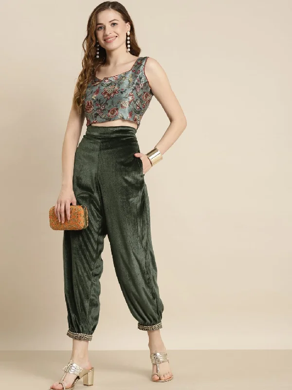 Cigarette Style Women's Printed Linen Blend Pants for Casual DaysOlive Embroidered Cuff Hem Velvet Pants