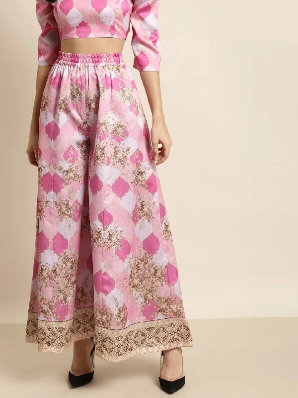 Bell - Bottom Style Women's Denim Pants with Embroidered DetailsPink Mughal Floral Kali Palazzo Pants