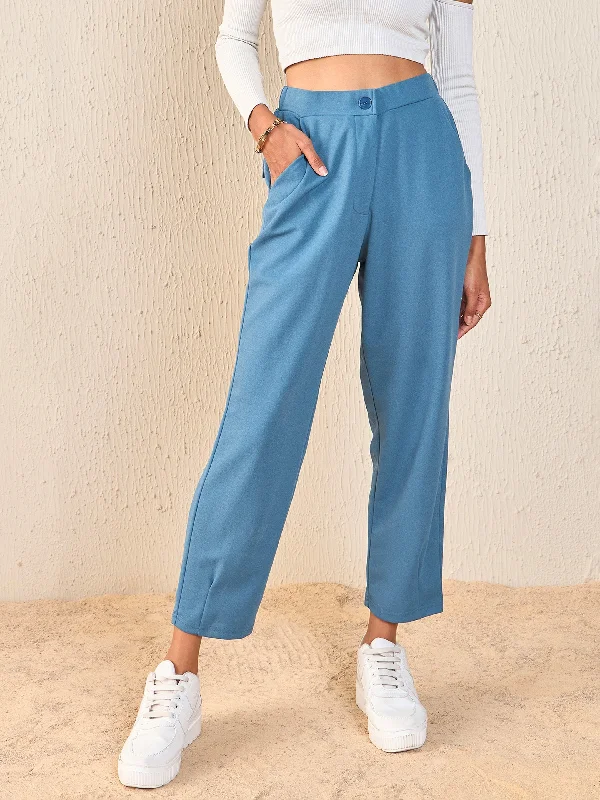 Straight - Leg Women's Vegan Leather Pants for a Chic LookWomen Airforce Blue Back Flap Pocket Tapered Pants Straight - Leg Women's Vegan Leather Pants for a Chic LookWomen Airforce Blue Back Flap Pocket Tapered Pants
