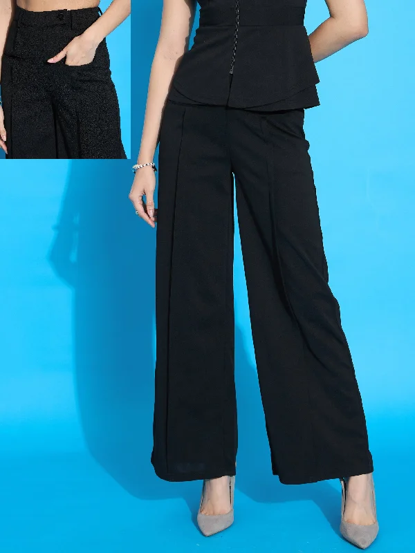 Plus Size Women's Metallic - Finish Joggers for a Stylish LoungeWomen Black Front Pleated Straight Fit Trousers